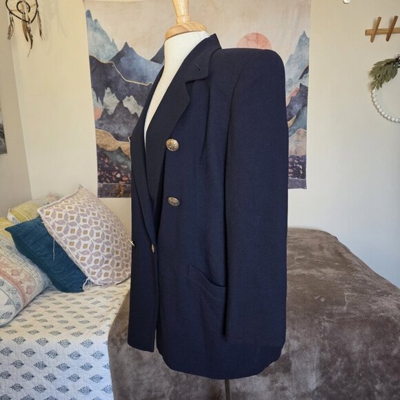 Linda Allard Ellen Tracy Blazer Women’s 8 Navy Wool Double Breasted Gold - Picture 6 of 16